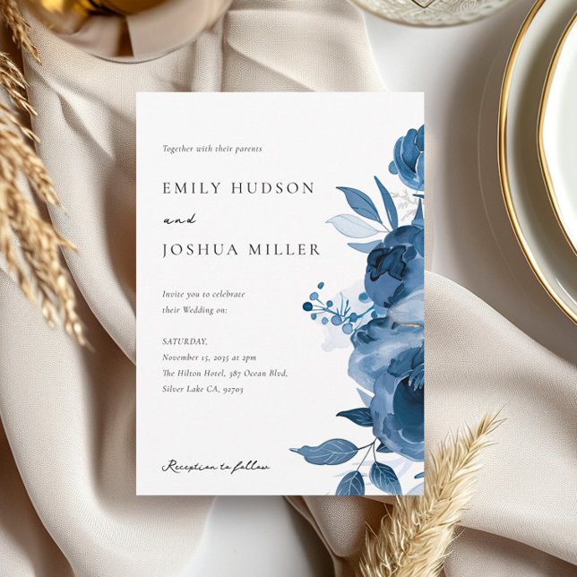Dusky Blue Gold Floral Faire-part de mariage (Créateur téléchargé)