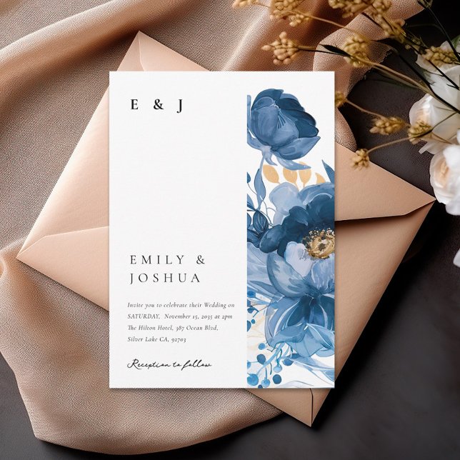 Dusky Blue Gold Floral Faire-part de mariage (Créateur téléchargé)