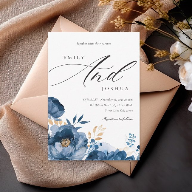 Dusky Blue Gold Floral Faire-part de mariage (Créateur téléchargé)