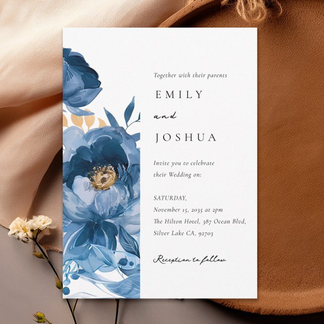 Dusky Blue Gold Floral Faire-part de mariage (Créateur téléchargé)