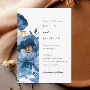 Dusky Blue Gold Floral Faire-part de mariage