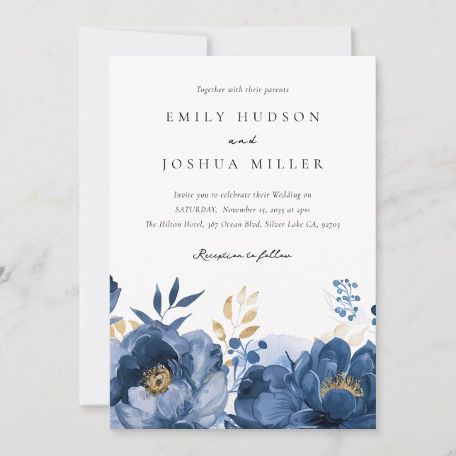 Dusky Blue Gold Floral Faire-part de mariage (Devant)