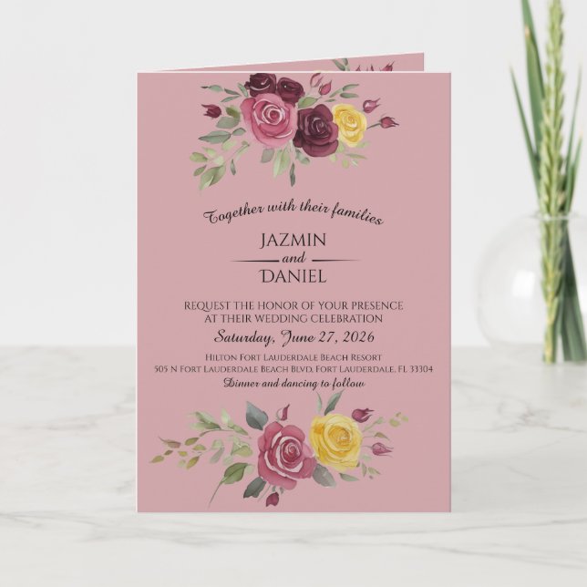 Dusky Pastel Watercolor Roses Maroon Invitation (Devant)