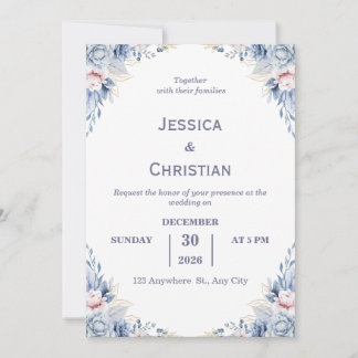 Dust Blue Floral Wedding Invitation 