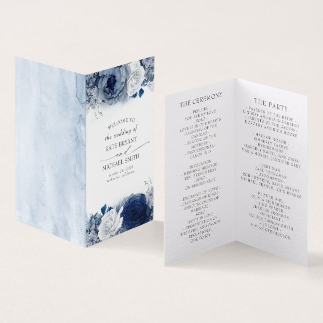 Dusty and Navy Blue Floral Wedding Programmes (Inside and Outside)