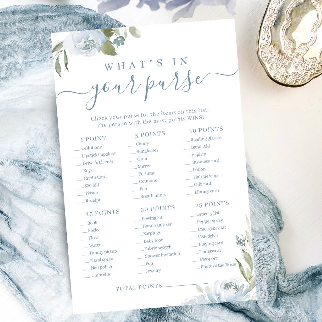 Dusty bleu ce qu'il y a dans votre sac de douche n (Dusty blue what's in your purse bridal shower game)