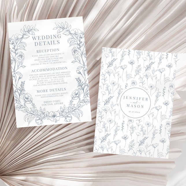 Dusty bleu floral classique détails mariage carte (Créateur téléchargé)