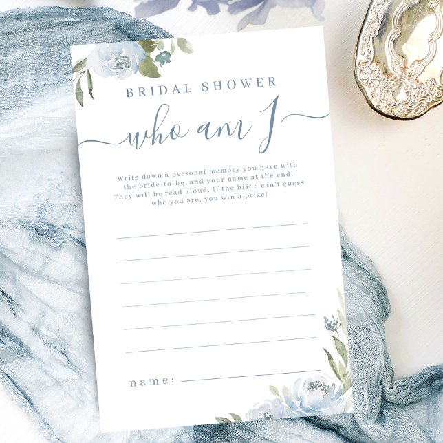 Dusty bleu floral qui suis je jeu de douche nuptia (Dusty blue floral who am I bridal shower game)