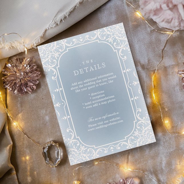 Dusty bleu romantique carte de détails de mariage  (Dusty blue romantic vintage wedding details card)