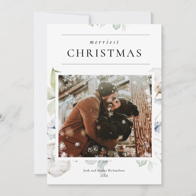 Dusty bleu verdure hiver neige photo de Noël (Devant)