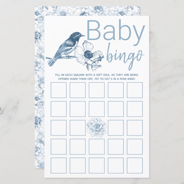 Dusty Blue Baby shower Bingo Game Card Floral (Devant / Derrière)