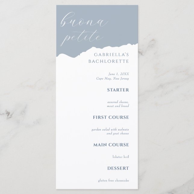 Dusty Blue Bachlorette Menu Italian (Devant)