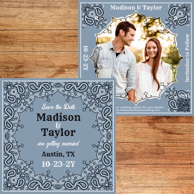Dusty Blue Bandana Photo Plat Enregistrer La Carte (Dusty blue bandana Save the Date with your photo and a QR code.)