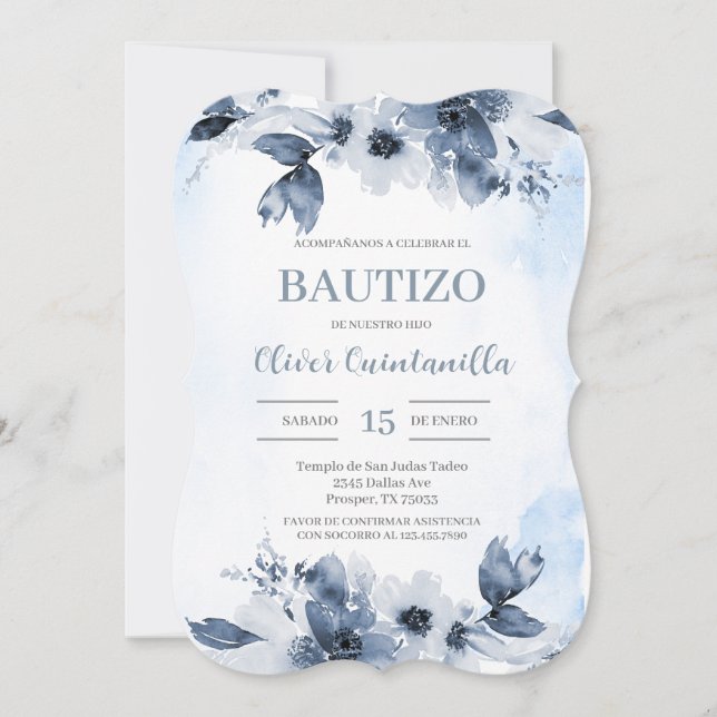 Dusty Blue Baptism invitation espagnole (Devant)