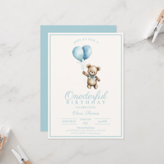 Dusty Blue Bear Boy Invitation d'anniversaire