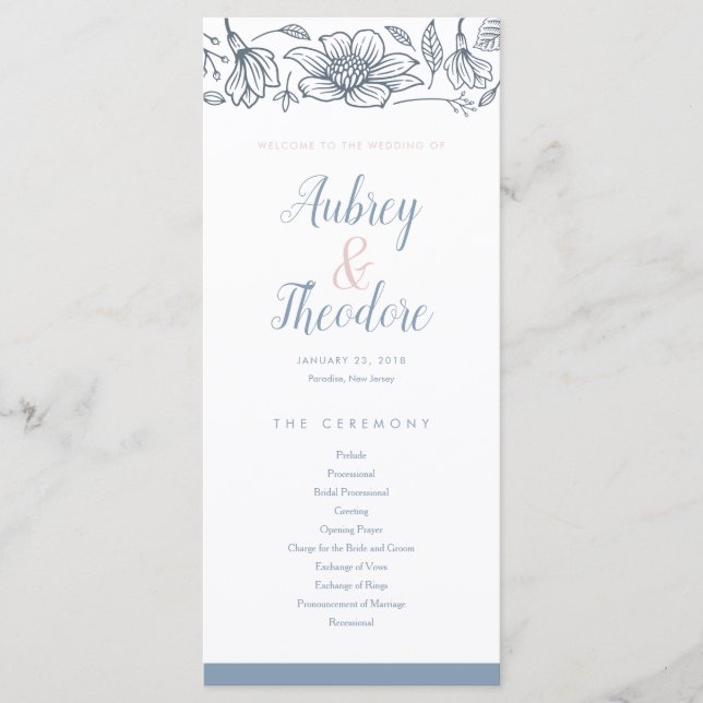 Dusty Blue & Blush Flowers Programme de mariage (Devant)