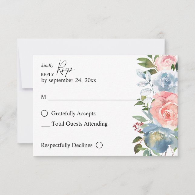 Dusty Blue & Blush Rose Floral no Meal Carte RSVP (Devant)