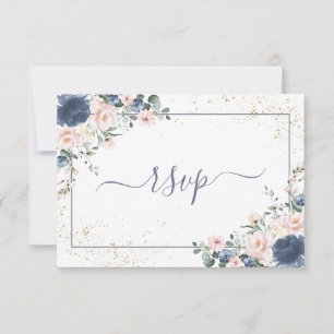 Dusty Blue Blush Rose Gold Floral Pas de menu RSVP