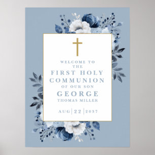 Dusty Blue Boho Floral Holy Communion Affiche de b
