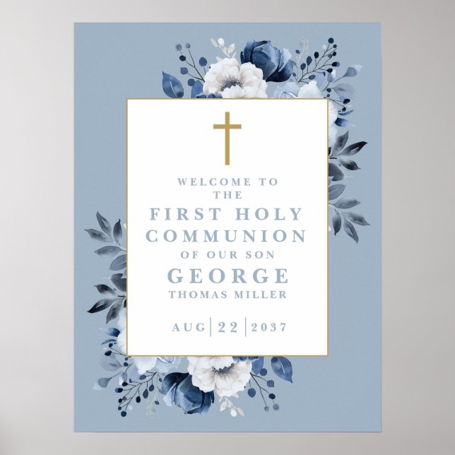 Dusty Blue Boho Floral Holy Communion Affiche de b (Devant)