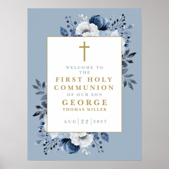 Dusty Blue Boho Floral Holy Communion Affiche de b (Devant)