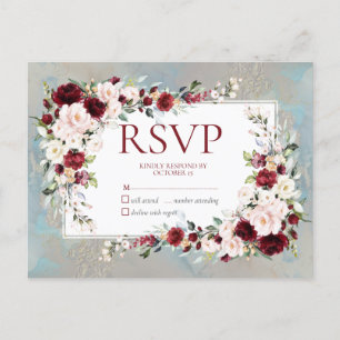 Dusty Blue Bourgogne Blush Floral Pas de menu RSVP