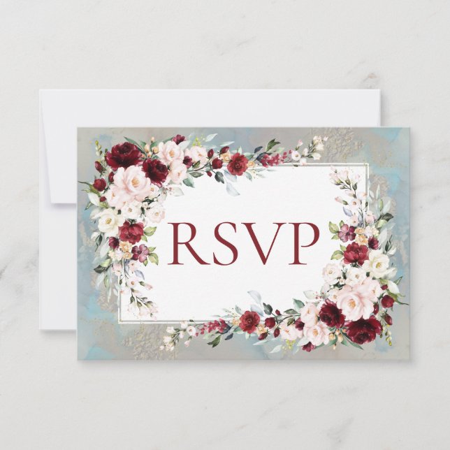 Dusty Blue Bourgogne Blush Floral RSVP (Devant)