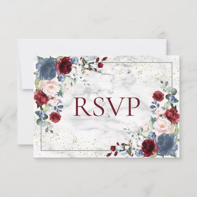 Dusty Blue Bourgogne Blush Gold Wedding RSVP (Devant)