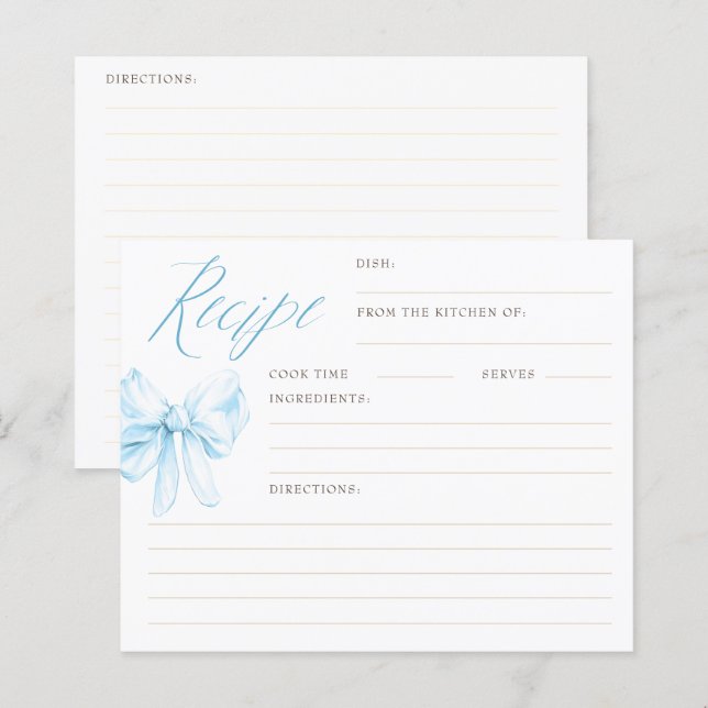 Dusty Blue Bow Elegant Bridal Shower Recipe Cards (Devant / Derrière)
