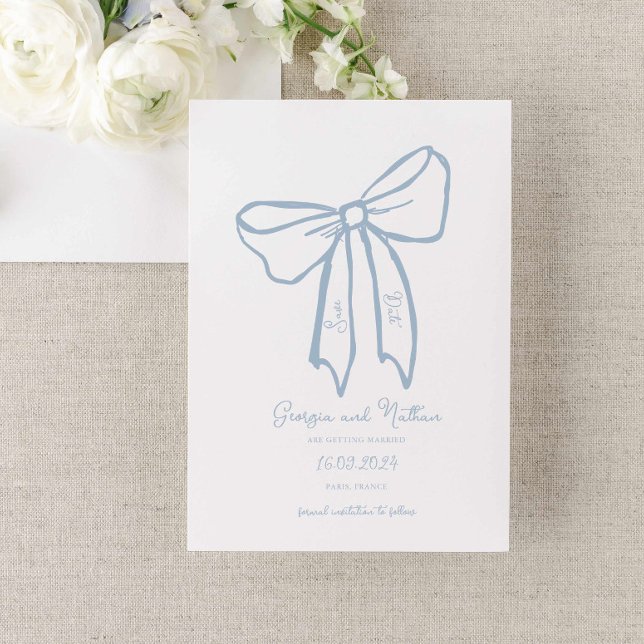 Dusty Blue Bow Enregistrer la date Invitation (dusty blue bow wedding save the date card, hand drawn bow french vintage inspired wedding)