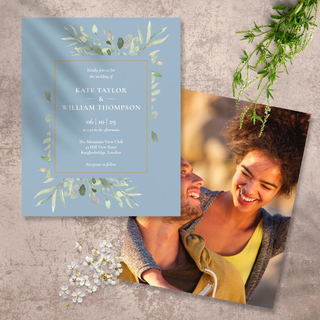 Dusty Blue Budget Foliage Mariage Photo Invitation (Créateur téléchargé)