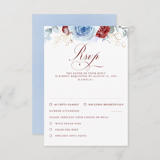 Dusty Blue Burgundy Red Flowers Wedding RSVP (Devant / Derrière)