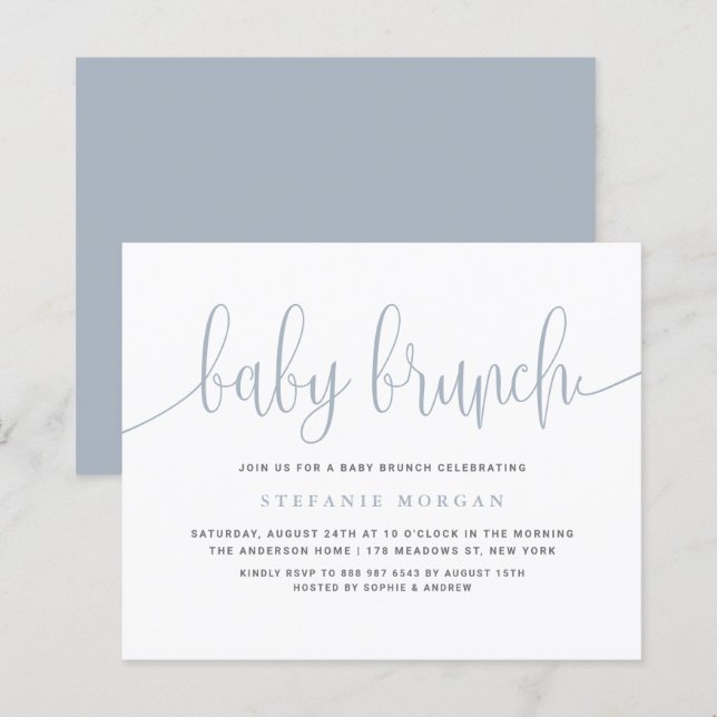 Dusty Blue Calligraphy Baby Brunch Invitation (Devant / Derrière)