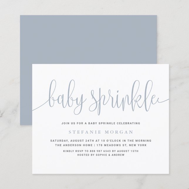 Dusty Blue Calligraphy Baby Sprinkle Invitation (Devant / Derrière)