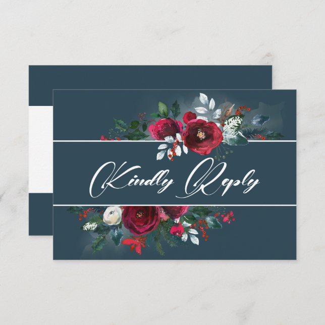 Dusty Blue | Carte RSVP Mariage Fleur Bourgogne (Devant / Derrière)