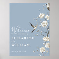 Dusty Blue Chinoiserie Floral Mariage Affiche de b