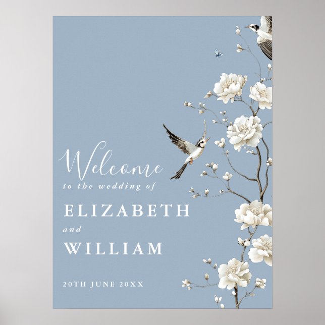 Dusty Blue Chinoiserie Floral Mariage Affiche de b (Devant)