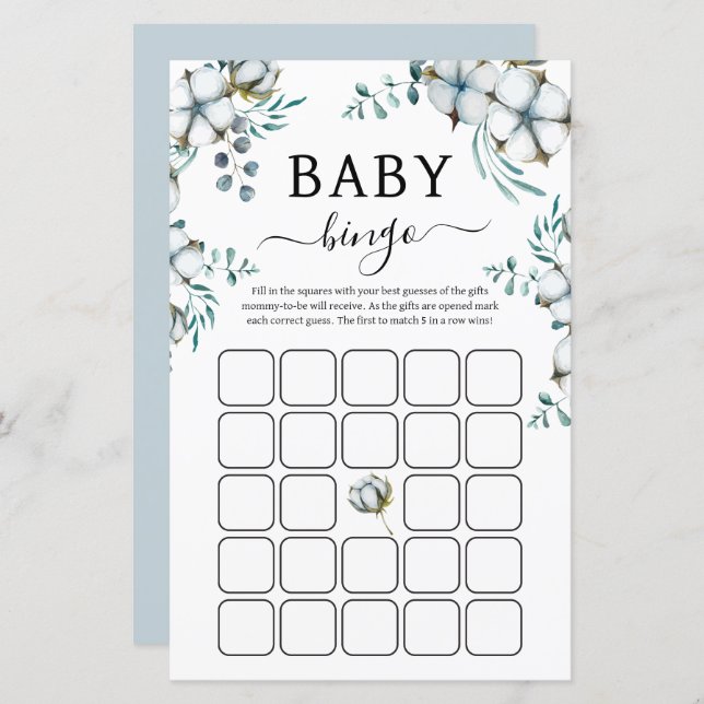 Dusty Blue coton fleurs Baby shower Bingo Jeu (Devant / Derrière)