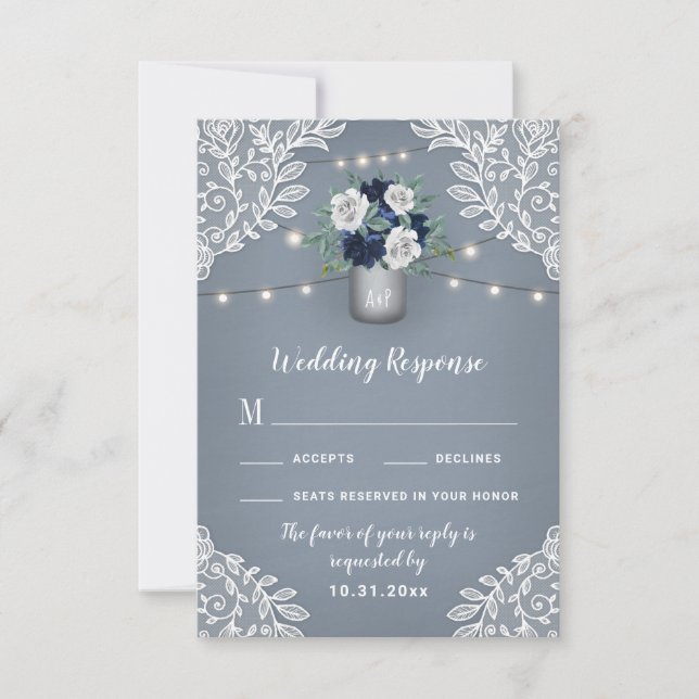 Dusty Blue Country Mason Jar Wedding Cartes RSVP (Devant)