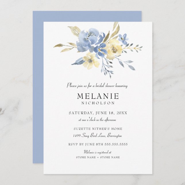 Dusty Blue Cream Floral Bridal Shower invitation (Devant / Derrière)