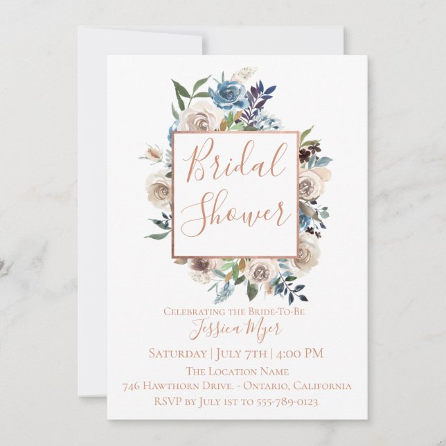 Dusty Blue Cream Floral Bridal Shower invitation (Devant)