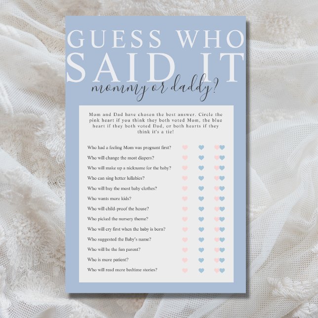 Dusty Blue Devinez Qui A Dit Qu'Il Baby shower Jeu (Minimalist, simple Guess Who Said It baby shower game in dusty blue)