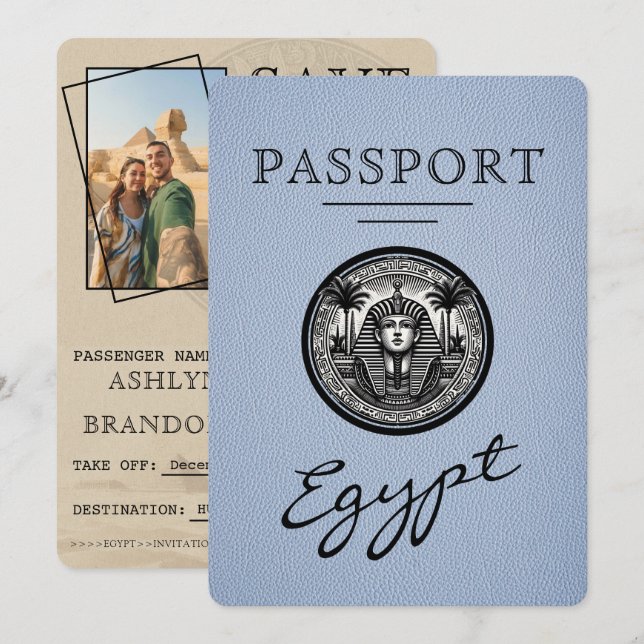 Dusty Blue Egypt Passport Wedding Save the Date (Devant / Derrière)