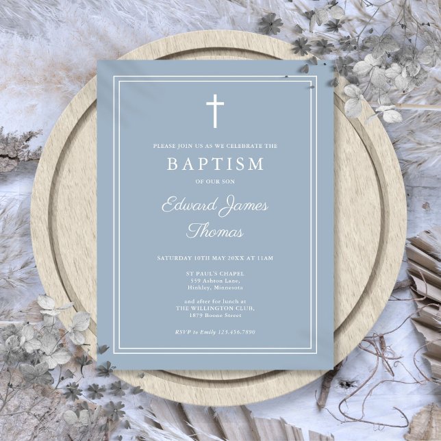 Dusty Blue Elegant Bordure Baptême Invitation (Dusty Blue Elegant Border Baptism Invitation Postcard)