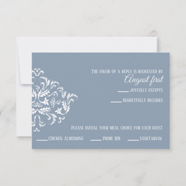 Dusty Blue Elegant Damask carte RSVP (Devant)
