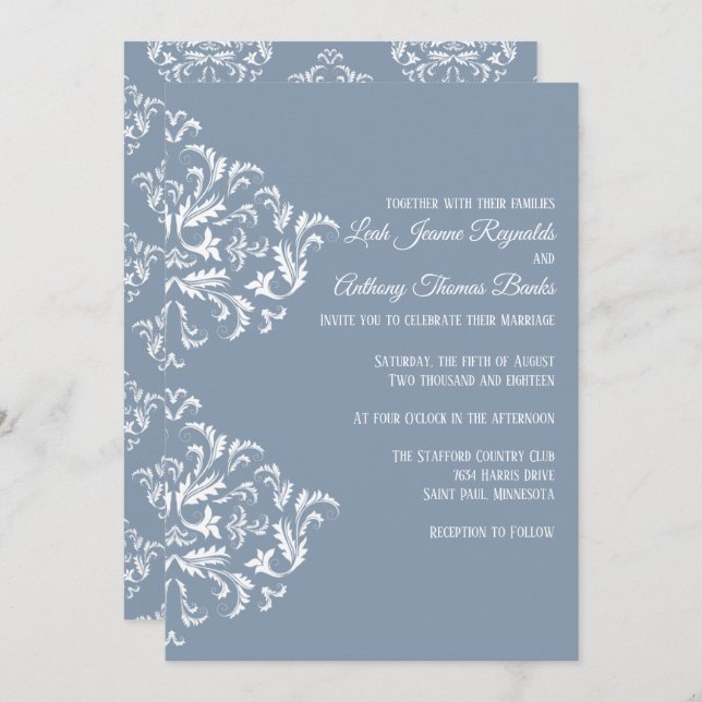 Dusty Blue Elegant Damask Invitation (Devant / Derrière)