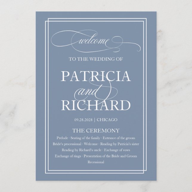 Dusty Blue Élégant programme de cérémonie de maria (Devant)