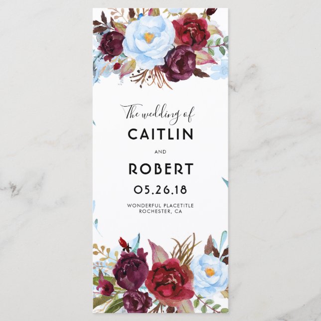 Dusty Blue et Bourgogne Floral Wedding Programmes (Devant)