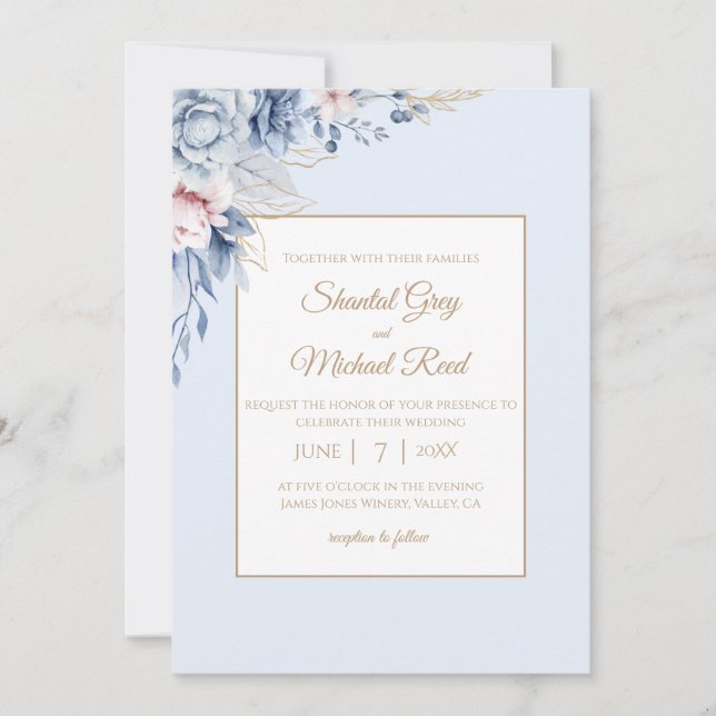 Dusty Blue et Gold Floral Faire-part de mariage (Devant)