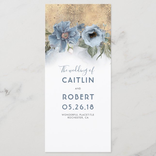 Dusty Blue et Gold Floral programmes de mariage (Devant)